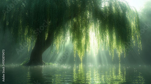 Weeping Willow Tree Over Calm Water - A Serene Nature Scene