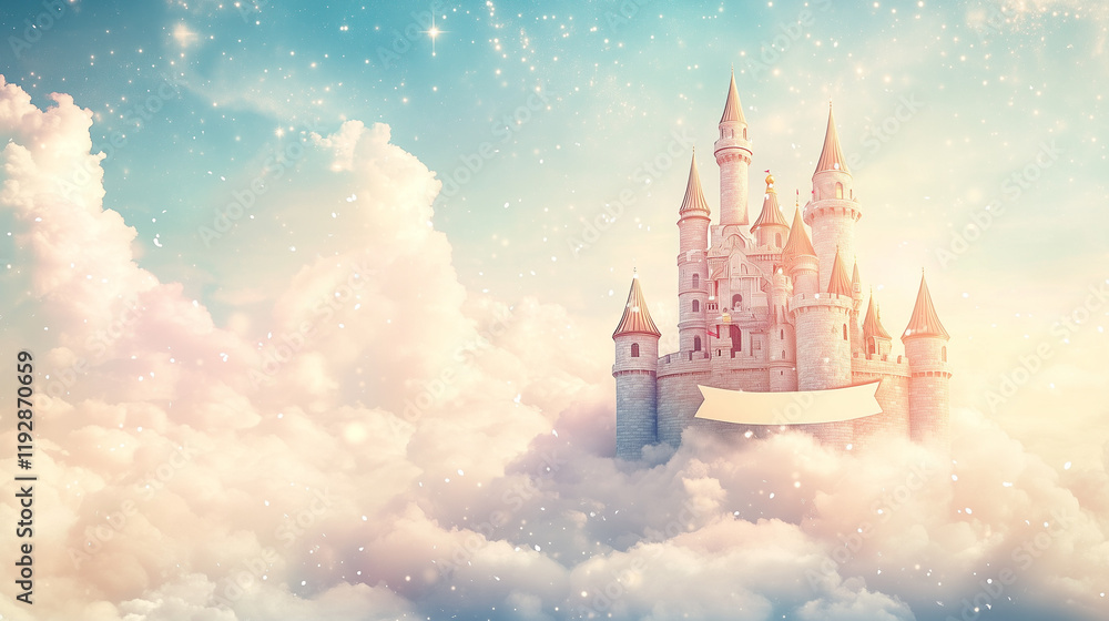 Naklejka premium Fairy Tale Illustration: Majestic Castle in the Clouds with Dreamy Sky and Copy Space