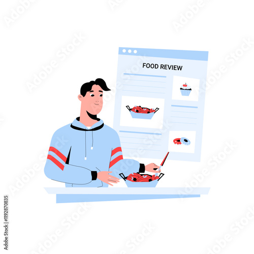 Male Chef Preparing Dish With Food Review Website Page In Flat Vector Illustration Symbolizing Online Food Criticism, Culinary Art, And Digital Review, Isolated On White Background.