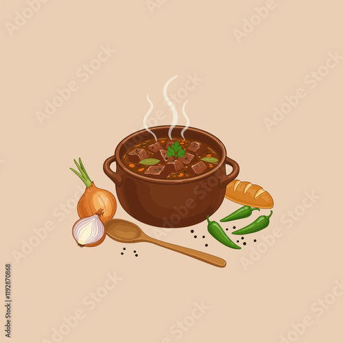 A brown pot of steaming beef stew is presented with fresh onions, chili peppers, and a piece of bread.