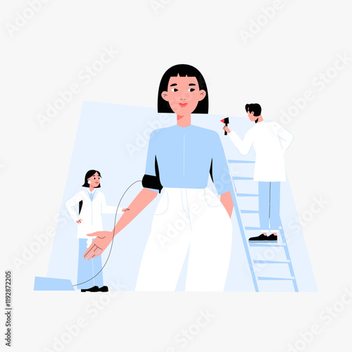 Medical professionals examining female patient, flat vector illustration symbolizing healthcare, diagnostics, and patient care, isolated on white background.