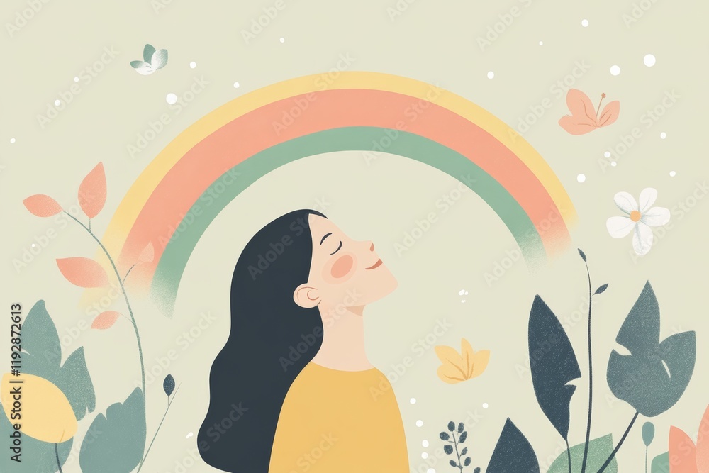 Illustration of a person looking up at a rainbow with a smile, surrounded by a peaceful, serene environment, minimal with copy space Illustration of a person looking up at a rainbow with a smile, surrounded by a peaceful, serene environment, minimal with copy space
