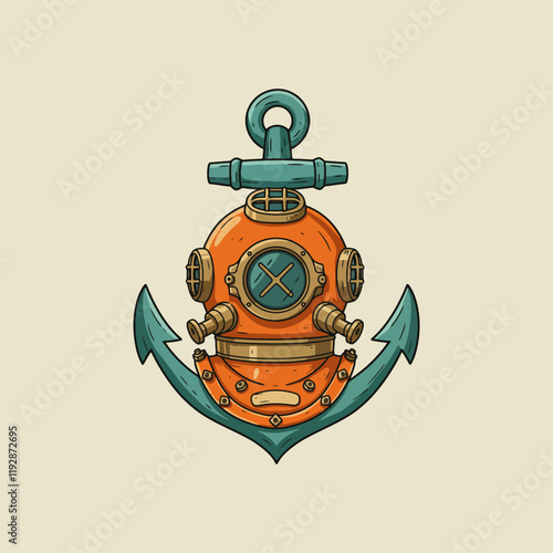 A stylized illustration depicts a vintage diving helmet  atop an anchor, symbolizing nautical adventure.