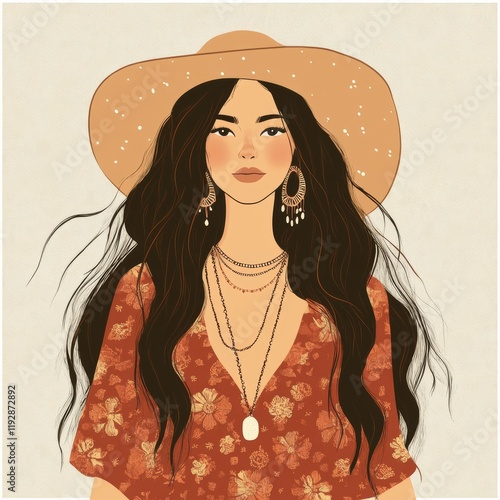 boho fashion illustration - beautiful woman  in a hat in bohemian outfit with long hairstyle, trendy t-shirt print  photo