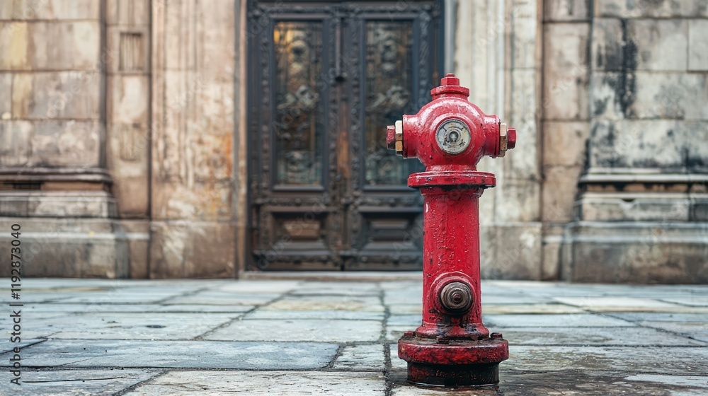 A fire hydrant in front of a historic building. A fire hydrant in front of a historic building.