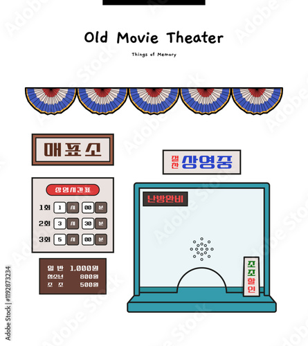 This illustration is a ticket office in an old movie theater in Korea. Translation: Ticket office, running, running time, adults, children, heating