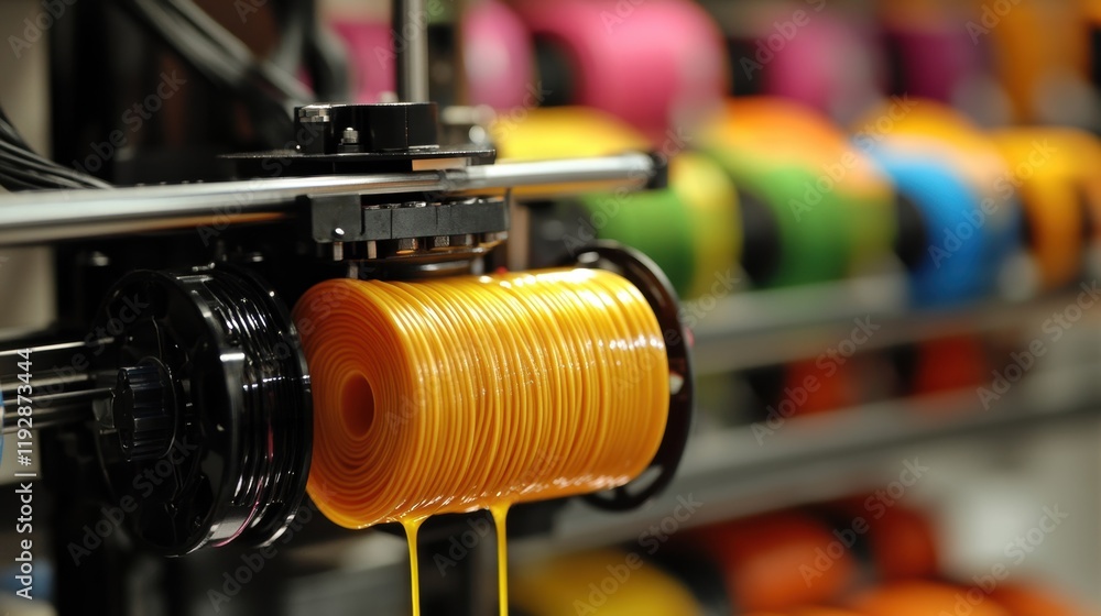 Yellow filament being used by a 3d printer to create an object, surrounded by colorful filaments, highlights the versatility of additive manufacturing technology Yellow filament being used by a 3d printer to create an object, surrounded by colorful filaments, highlights the versatility of additive manufacturing technology