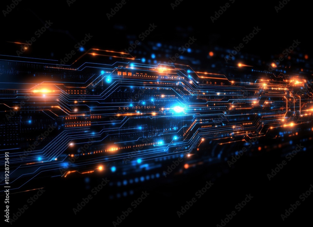 Fototapeta premium Futuristic Digital Technology Circuit Board with Glowing Neon Lights and Abstract Design Representing Data Flow in Cyber Space