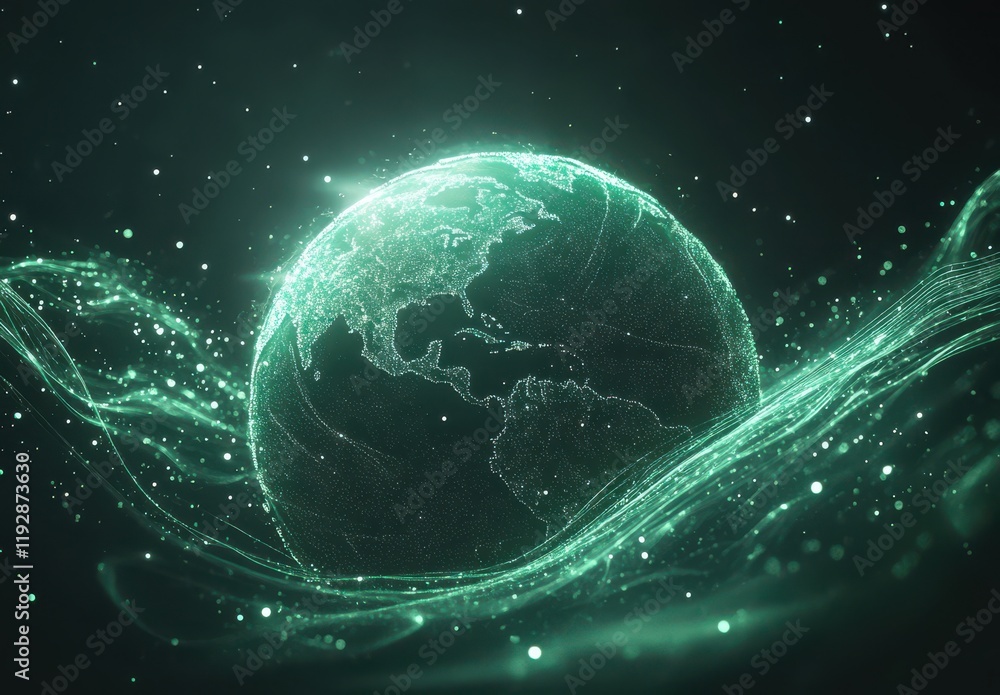 Naklejka premium Futuristic Glow Representation of Earth Depicted in Digital Format with Sparkling Particles and Waves, Symbolizing Global Connectivity and Innovation