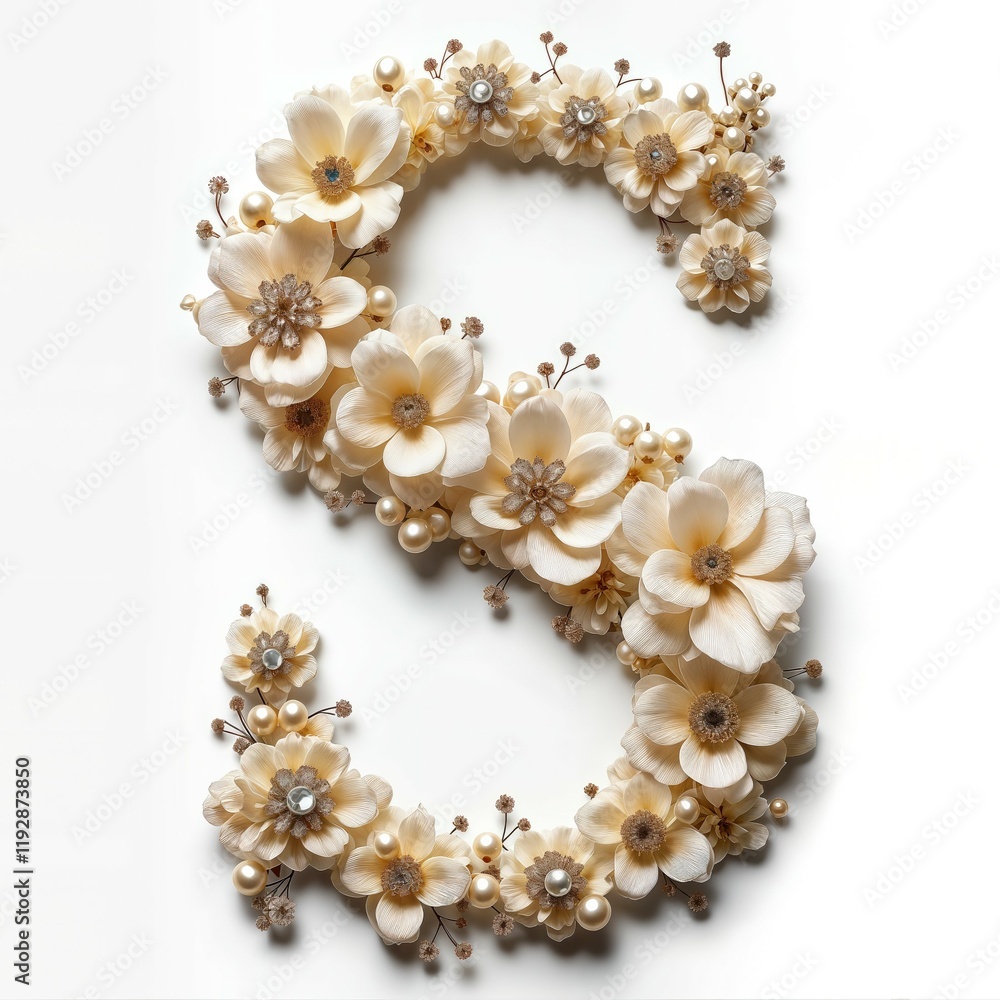 Letter or number crafted from pearl-encrusted pins, crystal combs, and satin ribbon flowers on a white background
Letter or number crafted from pearl-encrusted pins, crystal combs, and satin ribbon flowers on a white background