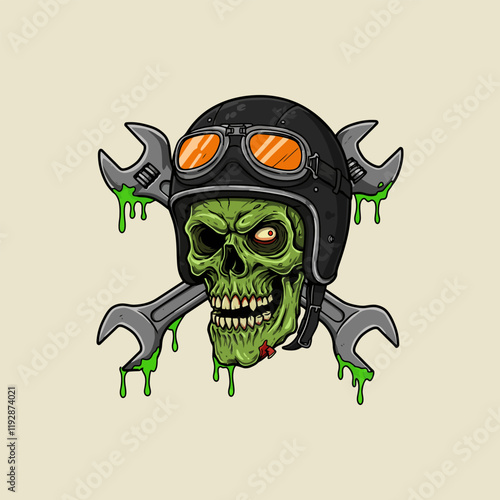 A green zombie skull wearing a motorcycle helmet is depicted with crossed wrenches dripping green slime. photo