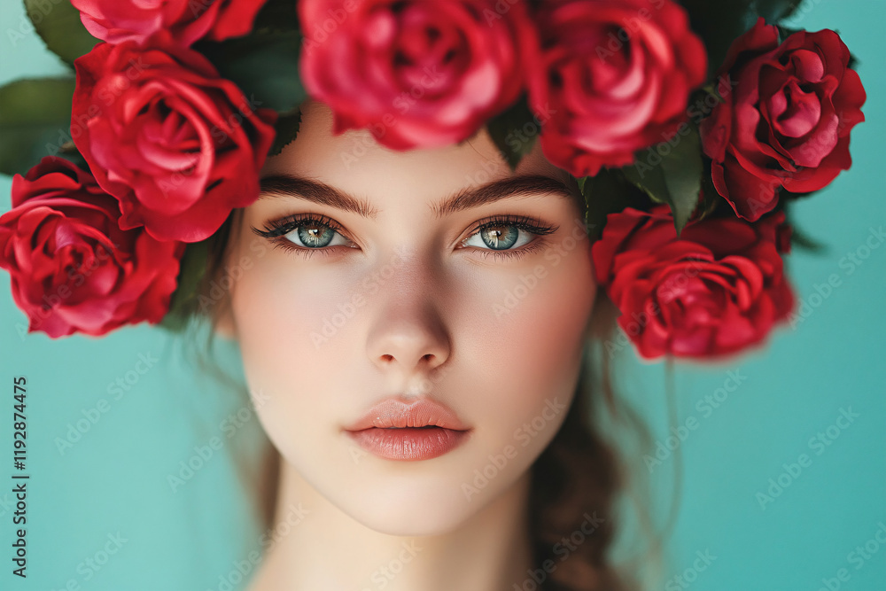 Naklejka premium Close up of face of young beautiful woman with red rose flowers on head
