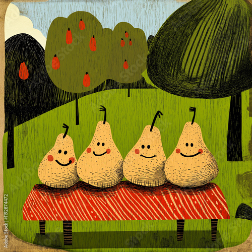 A group of happy large pears with faces were harvested in a garden and put on a table. A whimsical colorful illustration of four happy fruit friends hanging out in the yard. AI-generated