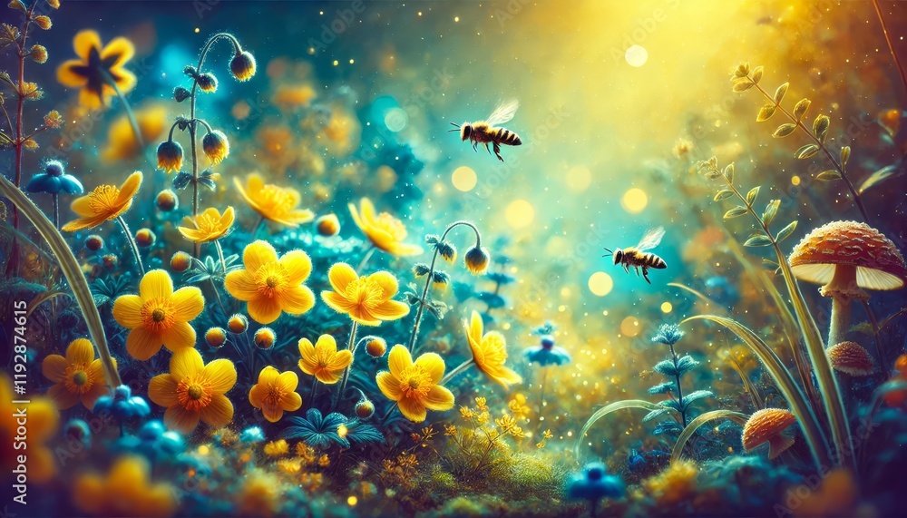 Fototapeta premium Small yellow bright summer flowers and bee on a background of blue and green foliage in a fairy garden. Macro artistic image. Banner format. 