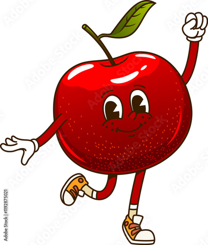 Cartoon retro groovy apple fruit character with happy face, vector comic emoji. Groovy red apple with funny smile dancing in hipster shoes, funky silly and freaky fruit food character in retro cartoon