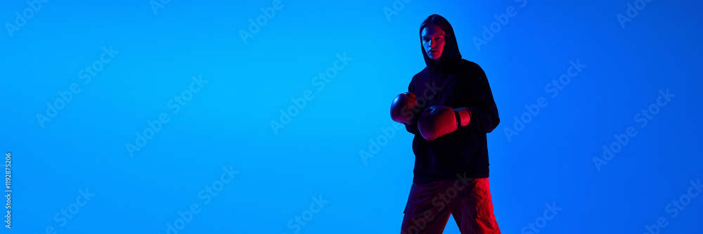 Young serious man in black hoodie wearing boxing gloves, posing against blue studio background in neon light. Martial arts. Concept of sport, youth, street style, modern fashion. Copy space. Banner Young serious man in black hoodie wearing boxing gloves, posing against blue studio background in neon light. Martial arts. Concept of sport, youth, street style, modern fashion. Copy space. Banner