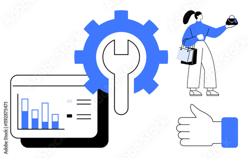 Tools icon over bar chart, woman holding a clock with shopping bags, thumbs-up symbol. Ideal for business analytics, productivity, time management, strategy, development, customer satisfaction