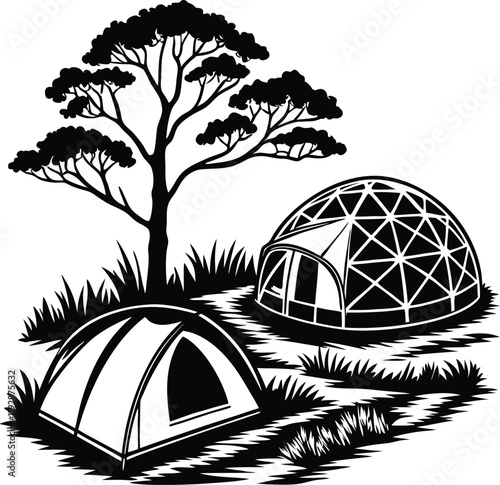 Black and white illustration of a camping scene with geodesic dome tent and traditional tent.