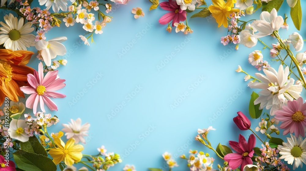 Colorful Spring Blossoms Framing a Bright Sky Blue Background for Botanical Inspiration Colorful Spring Blossoms Framing a Bright Sky Blue Background for Botanical Inspiration