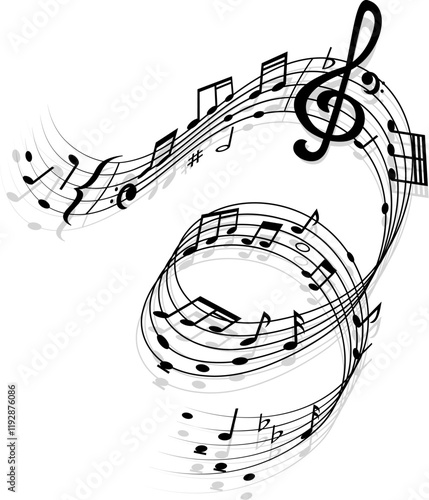 Song wave with music notes and clef symbols. Audio record music notes swirl background. Classic music or orchestra melody harmony spiral wave isolated vector vintage backdrop with clef sign