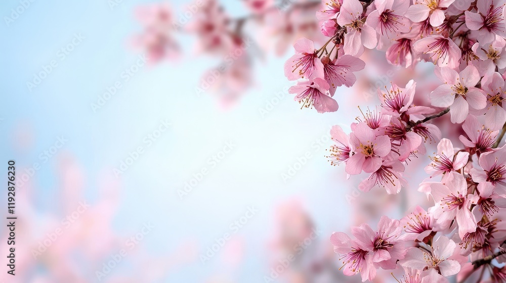 Fototapeta premium Soft Cherry Blossoms Blooming in Springtime Borders with Gentle Blue Background and Delicate Pink Flowers
