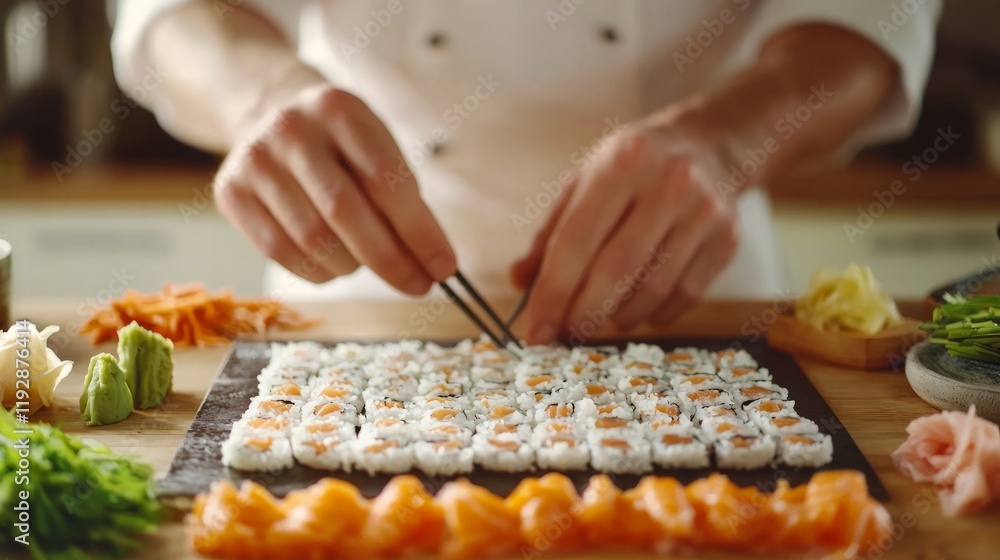 Professional chef crafts sushi rolls using traditional techniques in a bustling kitchen. Generative AI Professional chef crafts sushi rolls using traditional techniques in a bustling kitchen. Generative AI