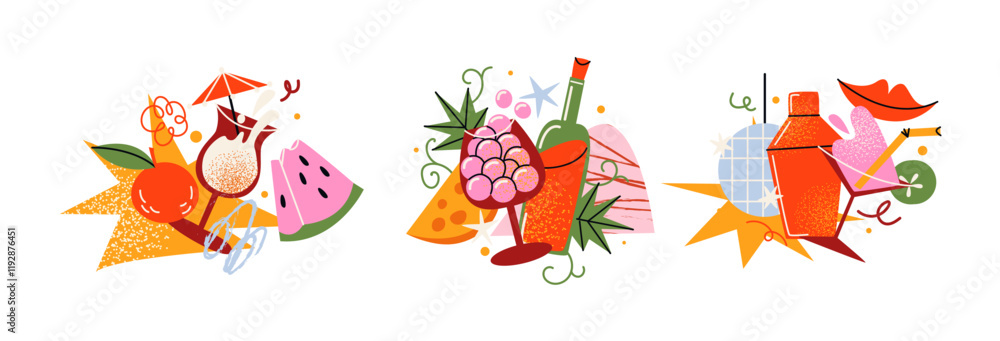 Obraz premium Alcoholic drinks and cocktails with abstract shapes. Cool fruit drinks, prosecco, gin, rum with ice for a party. Shapes in cartoon retro doodle groovy style of the 90s
