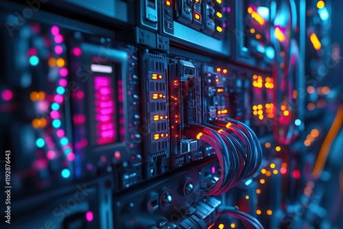 Network Hub: Active Server Rack with Colored Lights and Cables