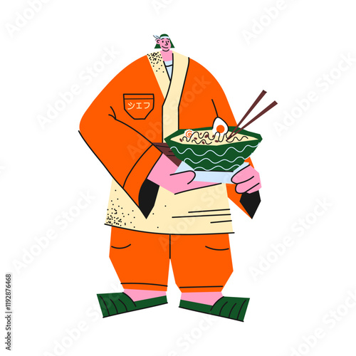 Character Asian chef in traditional kimono and robe holds a plate of ramen noodles. Cartoon Japanese man in national clothes prepares traditional food for cafe and restaurant.