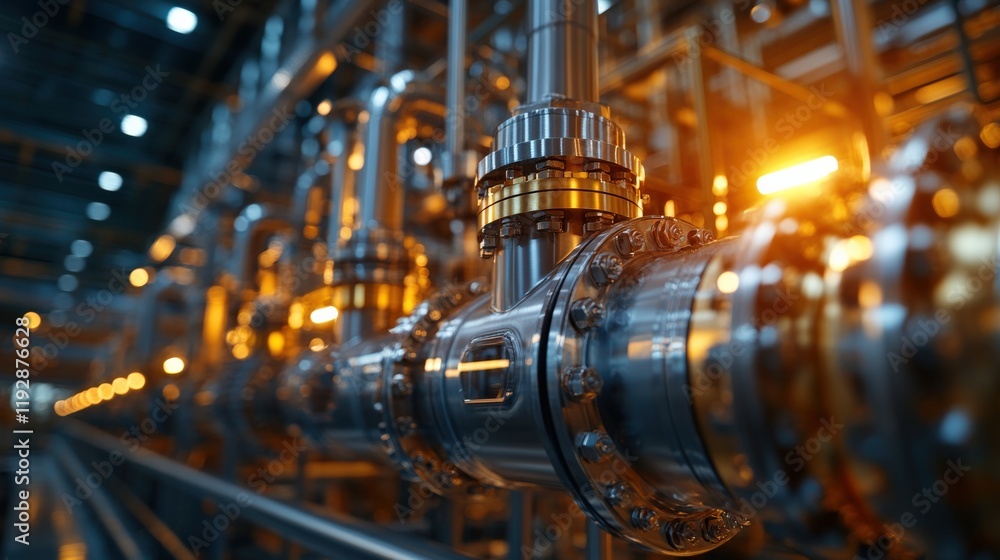 High-Detail Close-Up of Industrial Pipework with Gleaming Metal Components and Shimmering Lights in a Modern Manufacturing Facility High-Detail Close-Up of Industrial Pipework with Gleaming Metal Components and Shimmering Lights in a Modern Manufacturing Facility