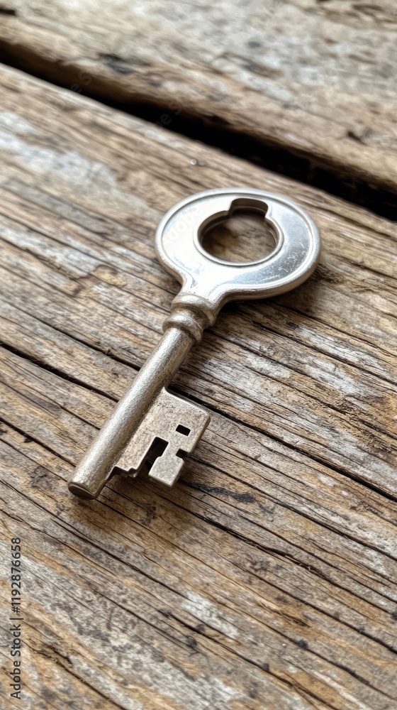 Close-up view of a shiny silver key resting on a rustic wooden surface in natural light. Generative AI Close-up view of a shiny silver key resting on a rustic wooden surface in natural light. Generative AI