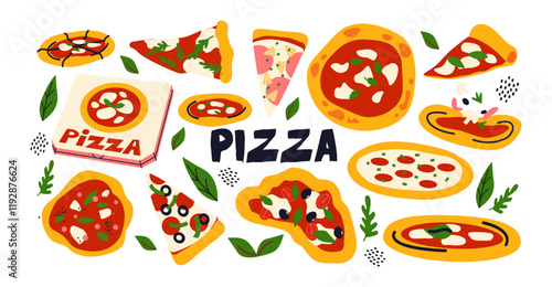 Italian pizza with basil, tomatoes and mozzarella. Pieces of pizza, a set of ingredients, various toppings. Vegetables, cheese,salami, sauce. Cartoon doodle illustration for restaurant and cafe
