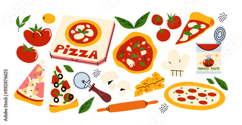 Italian pizza with basil, tomatoes and mozzarella. Pieces of pizza, a set of ingredients, various toppings. Vegetables, cheese,salami, sauce. Cartoon doodle illustration for restaurant and cafe