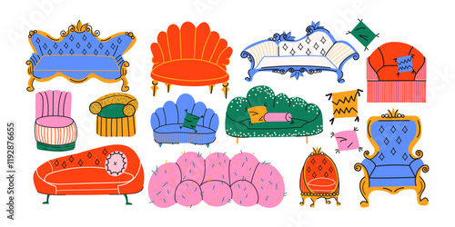 Cartoon furniture: sofas, armchairs and chairs, interior items. Bright furniture of different shapes and sizes for the home for the living room and hallway in Victorian style vintage with patterns.