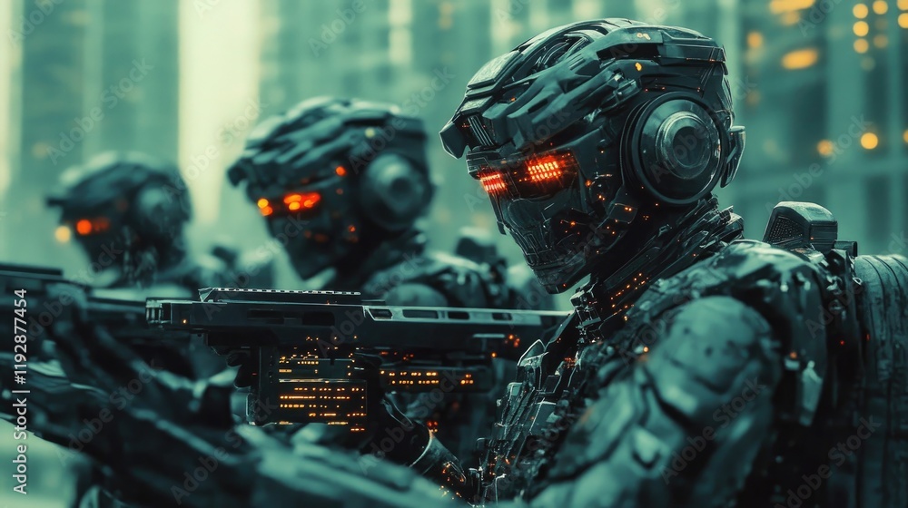 Fototapeta premium Futuristic Soldiers in Urban Setting