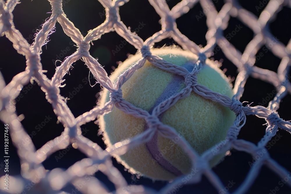 Close-up of a tennis ball caught in a net during a match at sunset in a local sports facility. Generative AI Close-up of a tennis ball caught in a net during a match at sunset in a local sports facility. Generative AI