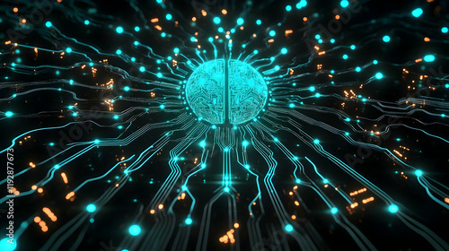 Creative AI mind represented as glowing cyan circuits radiating across a glossy black background with subtle bronze accents, sharp and vibrant photo