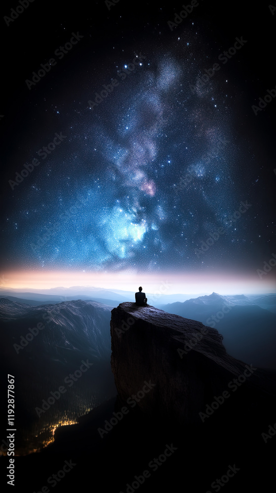 cinematic photo of man on cliff watching the horizon night sky, shooting stars space milkyway galaxy, cinematic photo of man on cliff watching the horizon night sky, shooting stars space milkyway galaxy,