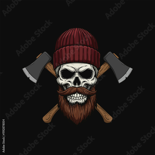 A stylized illustration of a skull with a beard and mustache wearing a knit hat and crossed axes behind it.