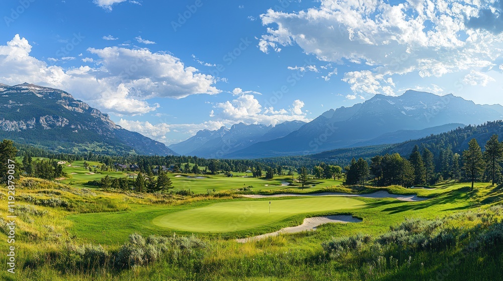 A panoramic view of a golf course with mountains in the background. A panoramic view of a golf course with mountains in the background.