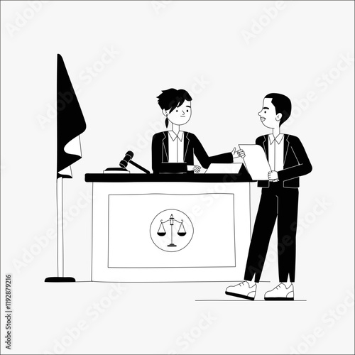 Two male lawyers discussing legal matters in a courtroom in flat vector illustration symbolizing courtroom discussion, legal argument, and justice, isolated on white background.