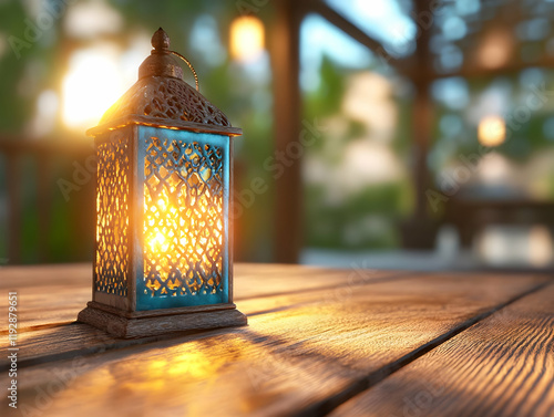 Illuminated lantern on wooden table, outdoor setting at sunset, bokeh background. Ideal for Ramadan, Eid, or spiritual themes photo