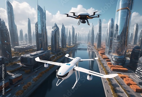 Futuristic Cityscape with Drones in Flight photo