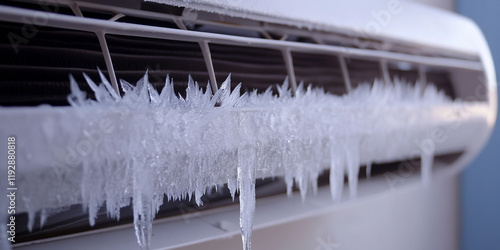 Icy buildup on air conditioning unit in winter cold