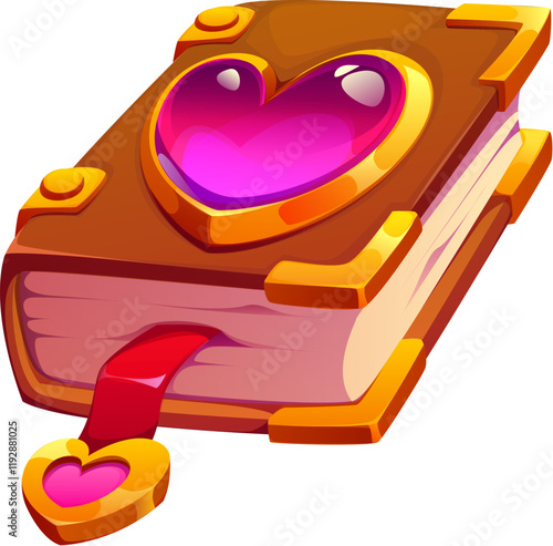 Cartoon love spells book of vector Valentine Day holiday. Old magic book of witch love spells or wizard alchemy recipes with pink crystal hearts and ribbon bookmark, Valentine Day holiday witchcraft