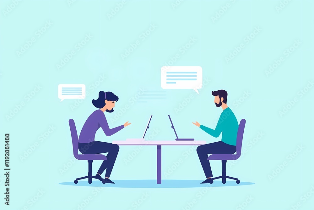 Collaborative Teamwork: Two colleagues engaged in a productive online meeting, collaborating effectively using laptops and instant messaging. Collaborative Teamwork: Two colleagues engaged in a productive online meeting, collaborating effectively using laptops and instant messaging.