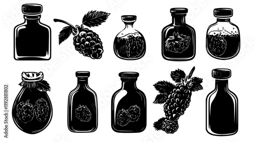 Collection of Raspberry vinegar icons, Raspberry vinegar vectorized seamless pattern