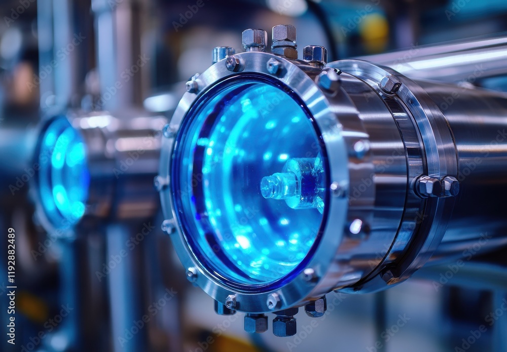 Fototapeta premium Modern Industrial Equipment with Blue Optical Lens and Metal Components in a Factory Setting for Technology and Manufacturing Projects