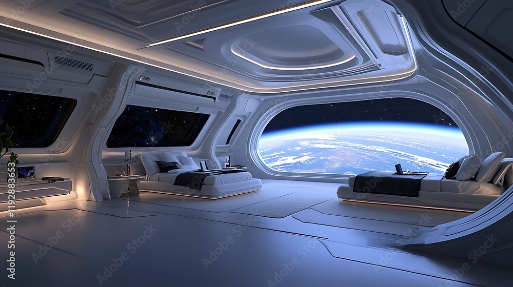 Futuristic bedroom in a space station with a view of Earth, showcasing modern design and tranquility Futuristic bedroom in a space station with a view of Earth, showcasing modern design and tranquility