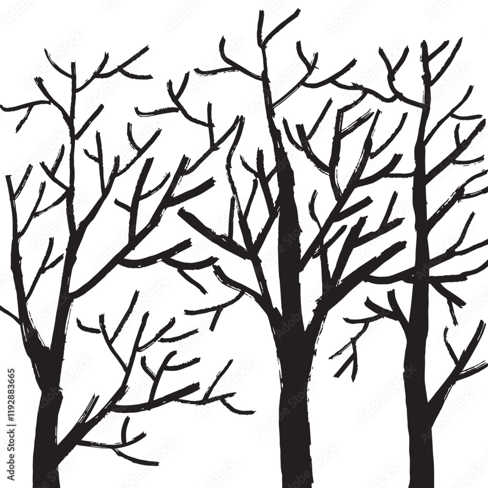 Naklejka premium Vector black silhouettes of dry trees on a white background. Vector illustration.